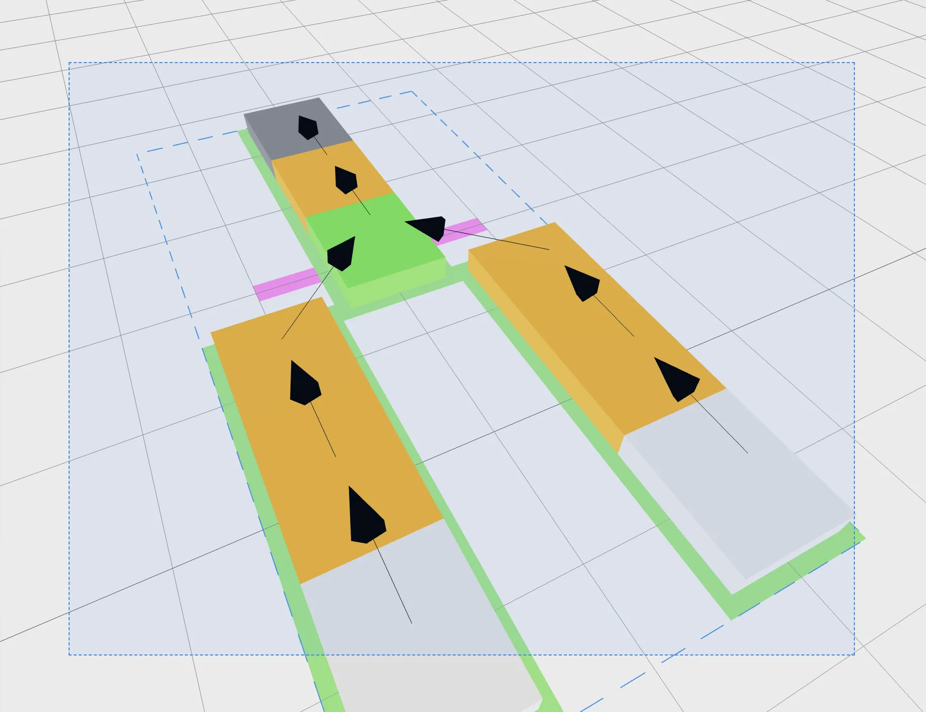 Marquee selection over a group of conveyors in the RackFlow 3D layout editor.